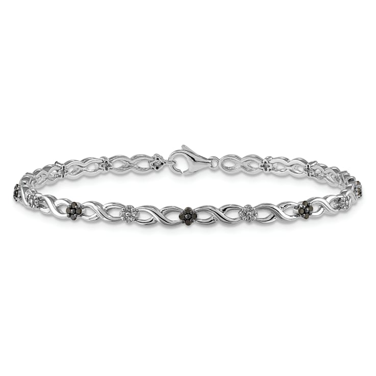Rhodium Over 14k White Gold White and Black Diamond Flower Infinity Bracelet