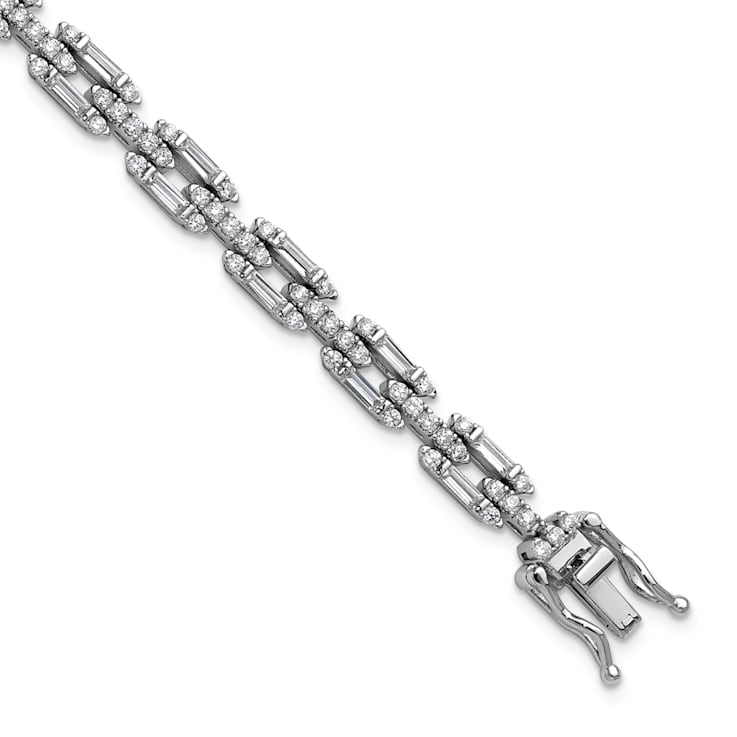 Rhodium Over Sterling Silver Polished Fancy Cubic Zirconia Link Bracelet