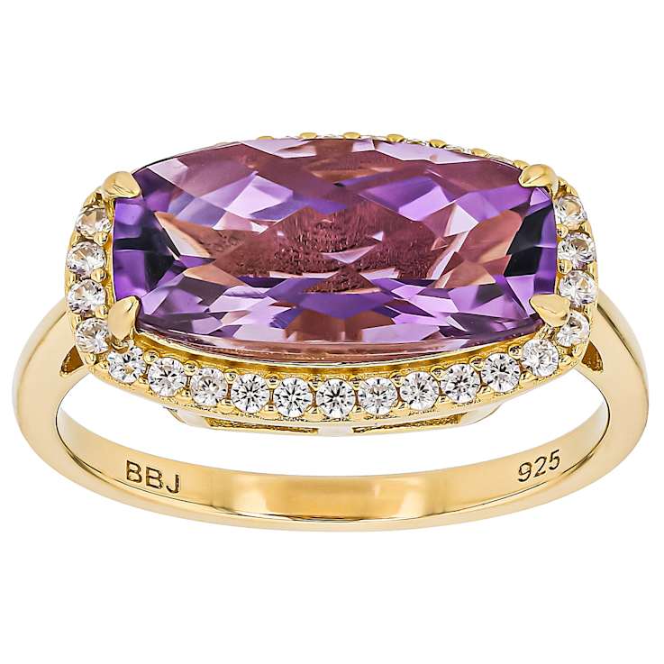 Amethyst Rectangular Cushion And White Zircon Ring In 18K Gold Over
Sterling Silver 3.49ctw