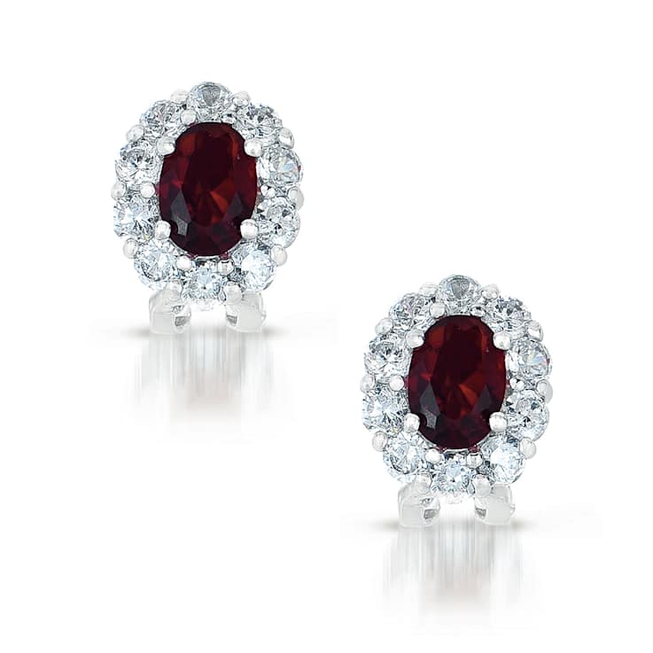 Ruby Color CZ Halo Stud Earrings In Sterling Silver