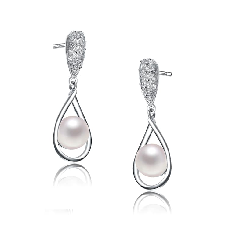 Pearl And CZ Drop Earrings In Sterling Silver