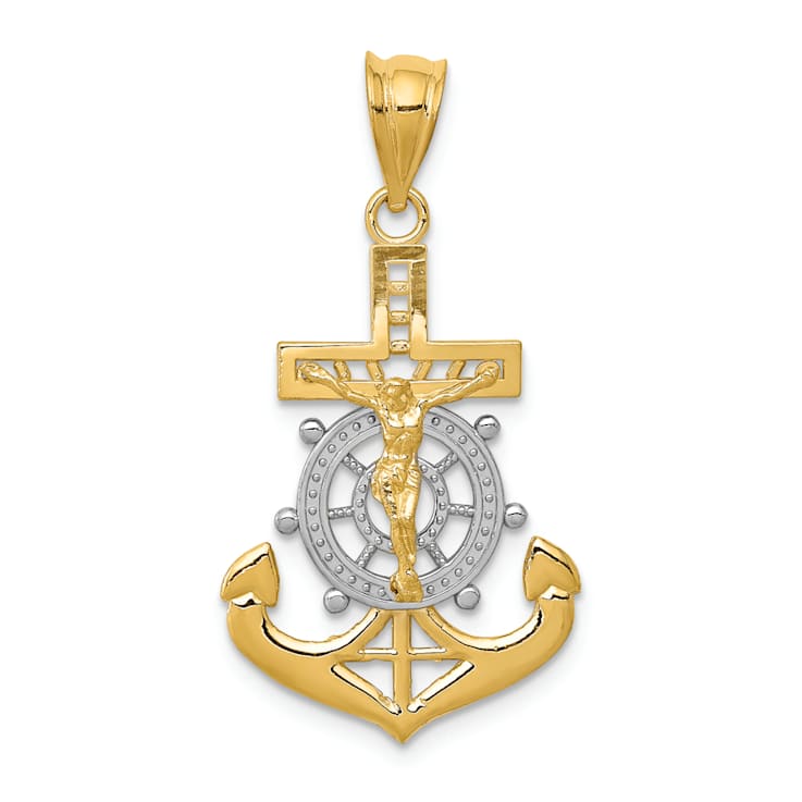 14K Yellow Gold with White Rhodium Diamond-cut Mariners Cross Pendant