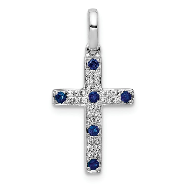 Rhodium Over 14k White Gold Diamond and Sapphire Cross Pendant