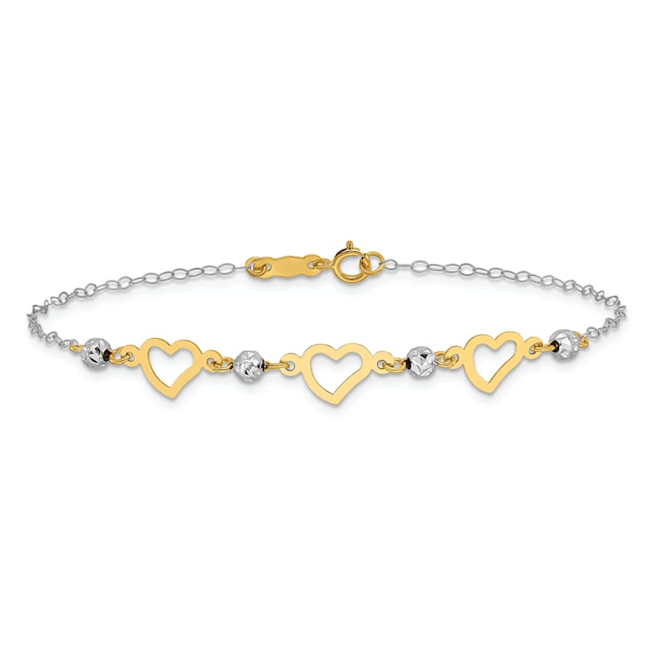 14K Two-tone Oval Link Diamond Cut Beads and Heart Bracelet