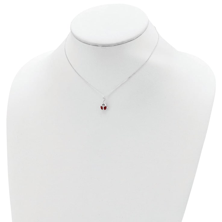 Sterling Silver Polished Black and Red Enameled Ladybug Children's Necklace