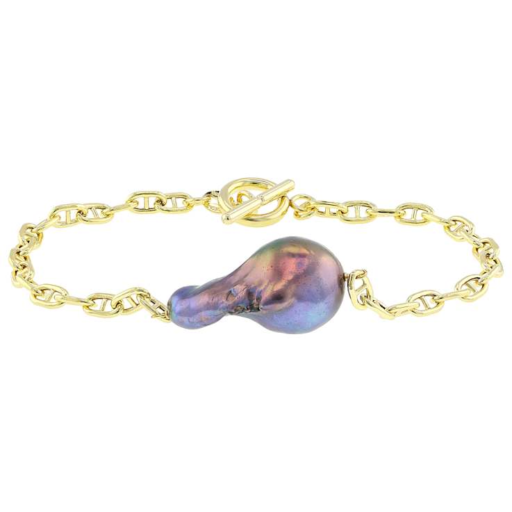 Black Freshwater Pearl Station Bracelet In 18K Gold Over Sterling Silver