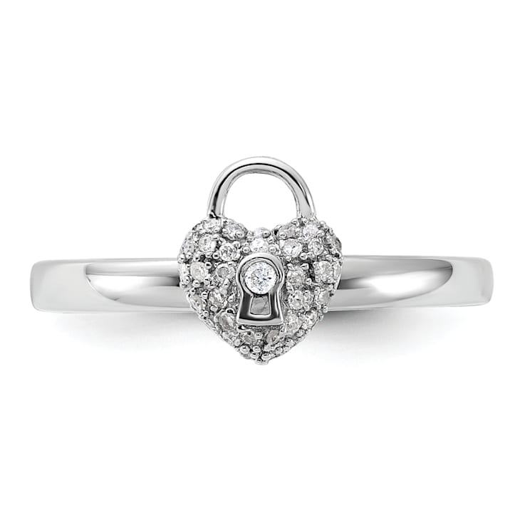 Sterling Silver Stackable Expressions Polished Diamond Heart Lock Ring 0.117ctw