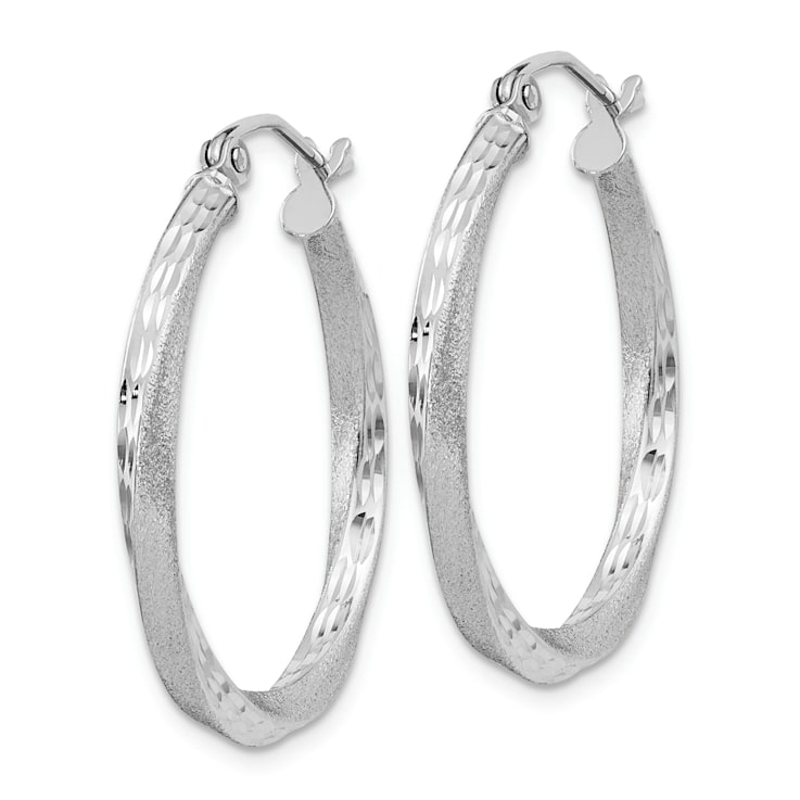 Rhodium Over Sterling Silver Satin Diamond-cut 2.5x25mm Twisted Hoop Earrings