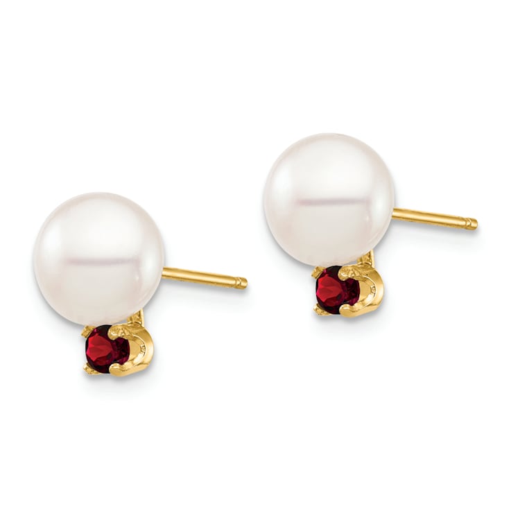 14K Yellow Gold 7-7.5mm White Round Freshwater Cultured Pearl Garnet
Post Earrings