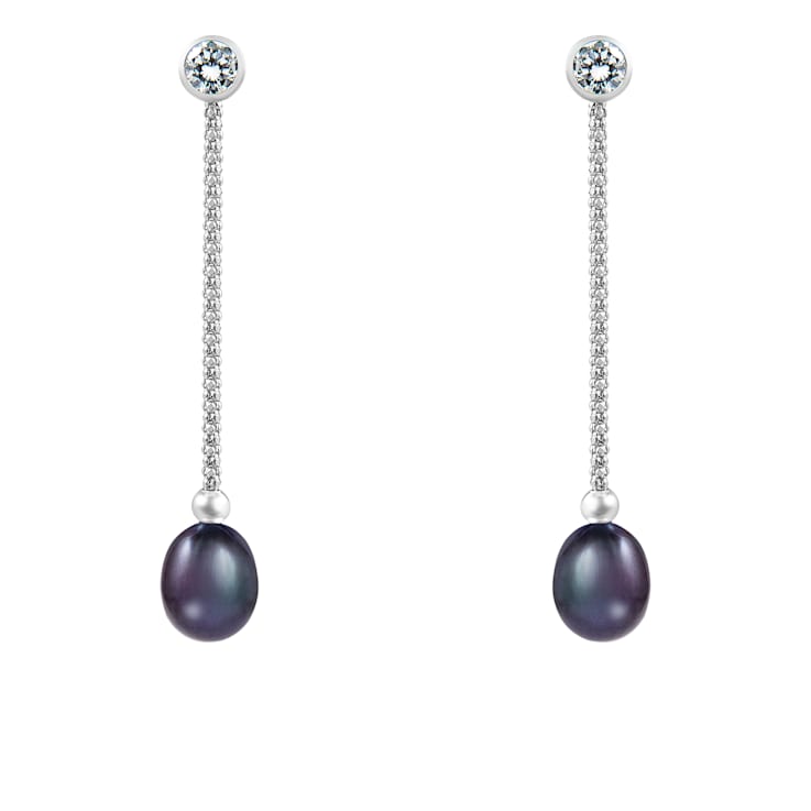 7.5-8mm Black Cultured Freshwater Pearl Rhodium Over Sterling Silver Earrings