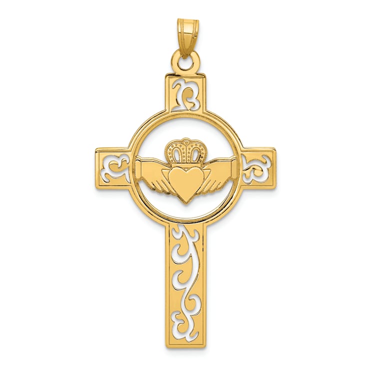 14k Yellow Gold Laser Designed Claddagh Cross Charm