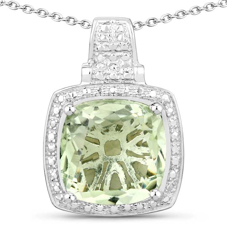 Prasiolite Cushion Cut Rhodium Over Sterling Silver Halo Necklace