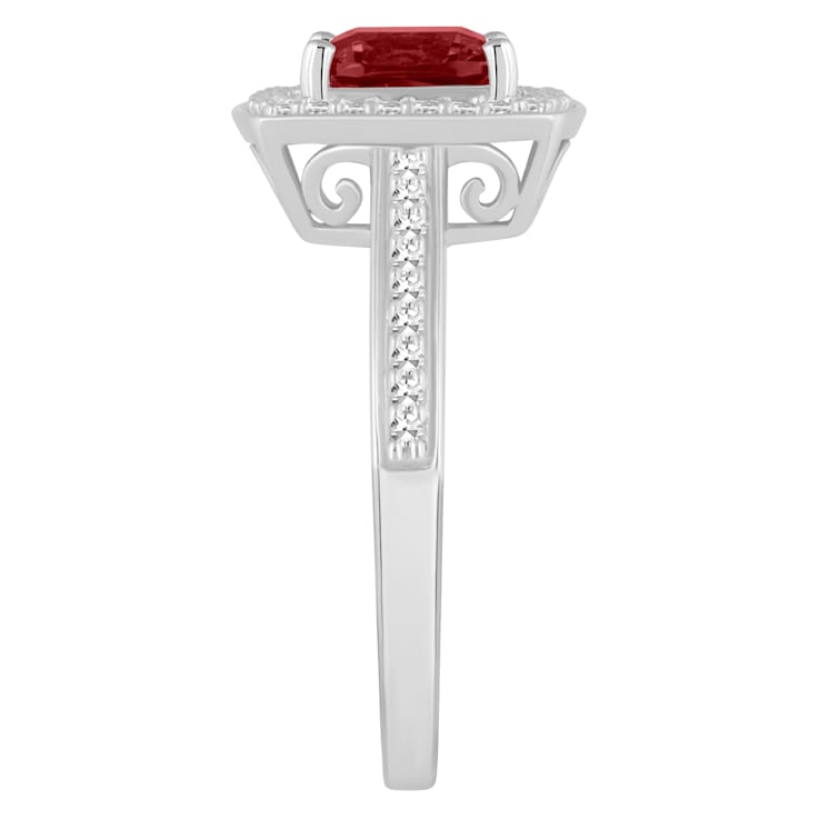 7mm Cushion Garnet 1/4 ctw Diamond Rhodium Over Sterling Silver Halo Ring