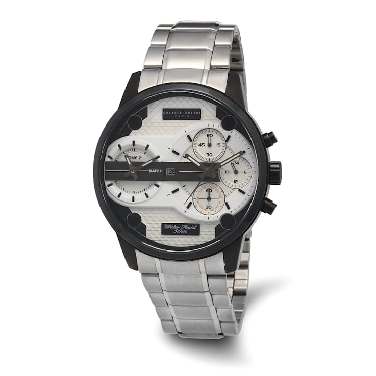 Charles Hubert Black IP-plated Stainless Chronograph Dual Time Off-White
Dial Watch