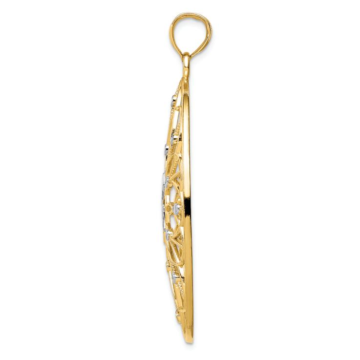 14K Two-tone Gold  Diamond-Cut Floral Medallion Pendant