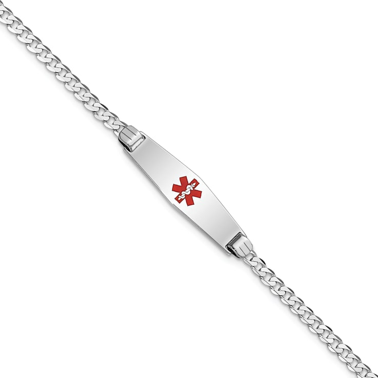 Rhodium Over 14k White Gold Medical Soft Diamond Shape Red Enamel Flat
Curb Link ID Bracelet