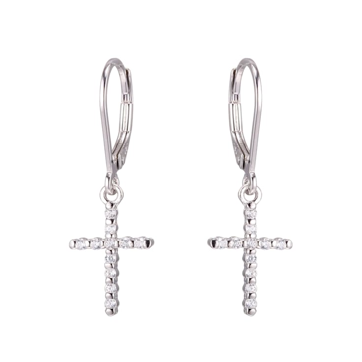 White Diamond Rhodium Over Sterling Silver Cross Earrings 0.19ctw