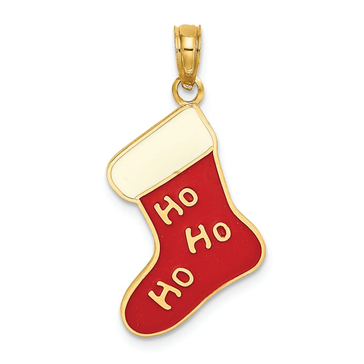 10K Yellow Gold Red and White Enameled HO HO HO Christmas Stocking Charm