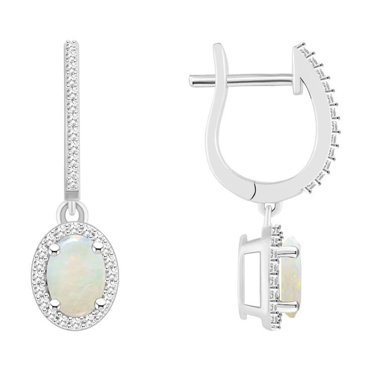 7x5mm Oval Opal 1/3 ctw Diamond Rhodium Over Sterling Silver Halo Dangle Earrings