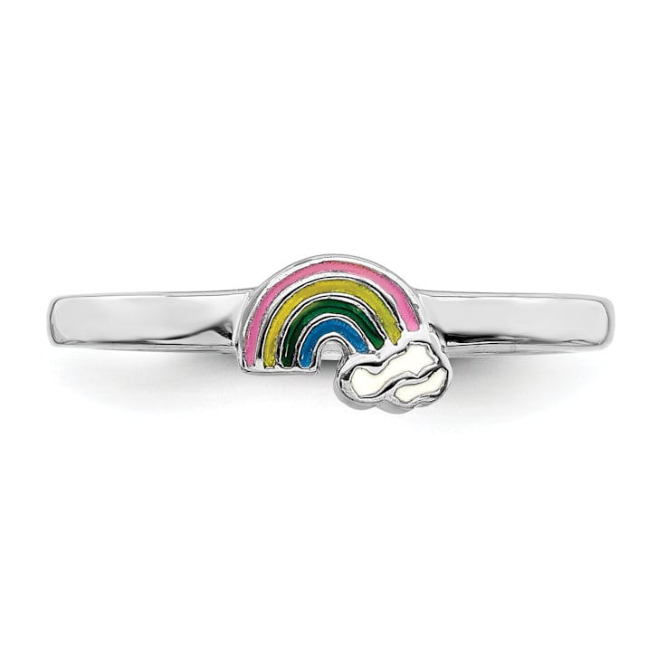 Rhodium Over Sterling Silver Multi-color Enameled Rainbow Children's Ring