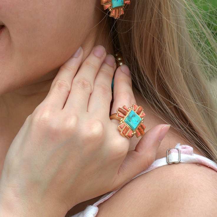 Barse Jewelry Composite Turquoise With Opal & Coral Gold Tone Santa
Fe Cross Ring