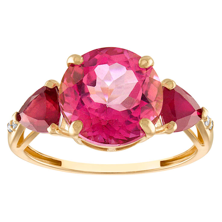 10K Yellow Gold Round Pink Topaz, Ruby, and Diamond Ring 4.82ctw