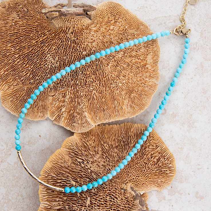 Barse Turquoise Beaded Necklace With Metal Bar In 18K Gold Over Brass