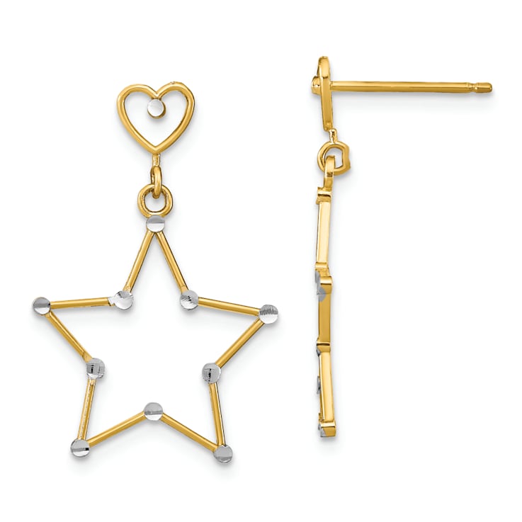 14K Two-tone Gold Diamond-Cut Heart and Star Dangle Earrings