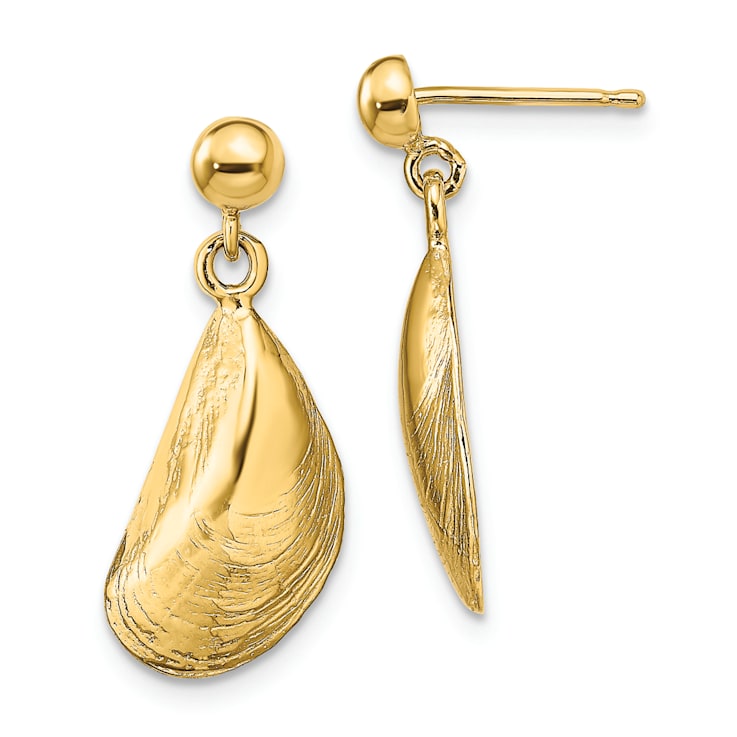14k Yellow Gold Textured Mussel Shell Dangle Earrings