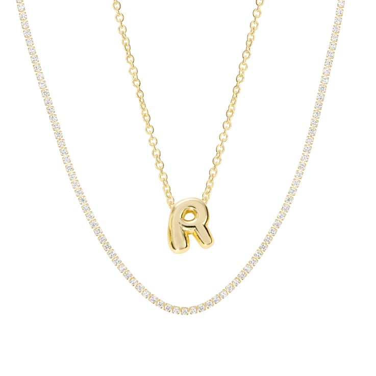 CZ Initial R Tennis Necklace And Pendant Set In 14K Gold Over Brass 4.05ctw