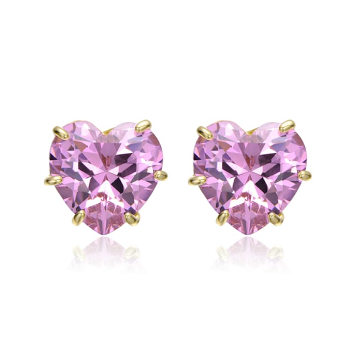 Pink CZ Heart Shape Stud Earrings In 14K Gold Over Brass