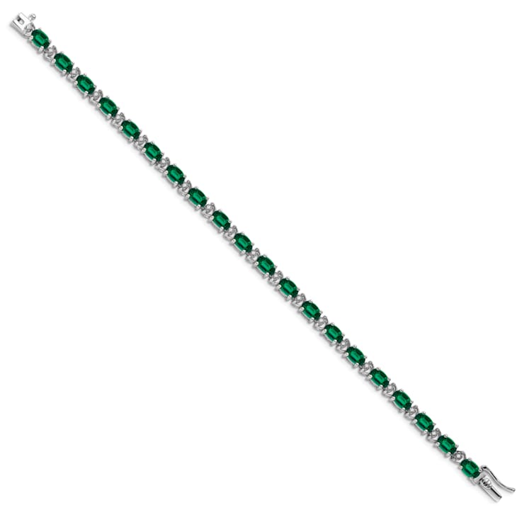 Rhodium Over 14k White Gold Oval Lab Created Emerald and Diamond Bracelet