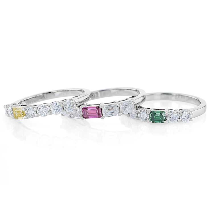 Multi-Color Moissanite Stackable Ring Set In Platinum-Enhanced Sterling
Silver 2.85ctw Diamond Equivalent Weight