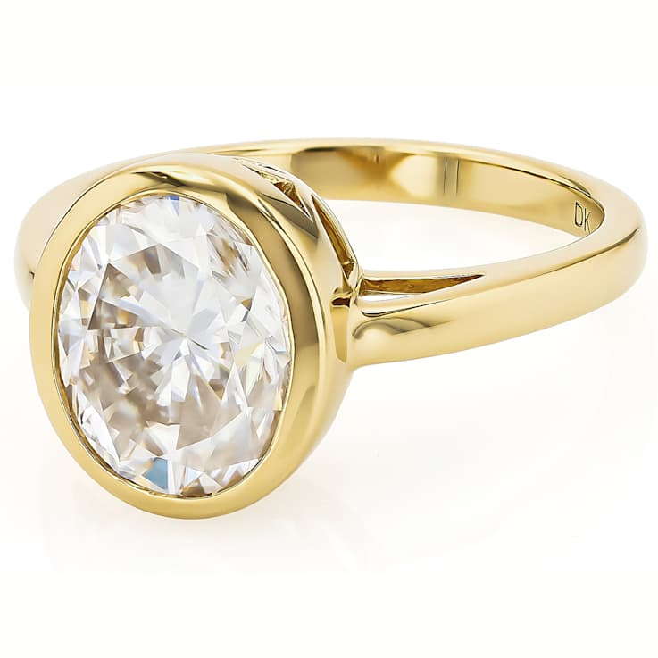 Bezel Set Oval Moissanite Solitaire Ring In 14K Gold Over Sterling Silver