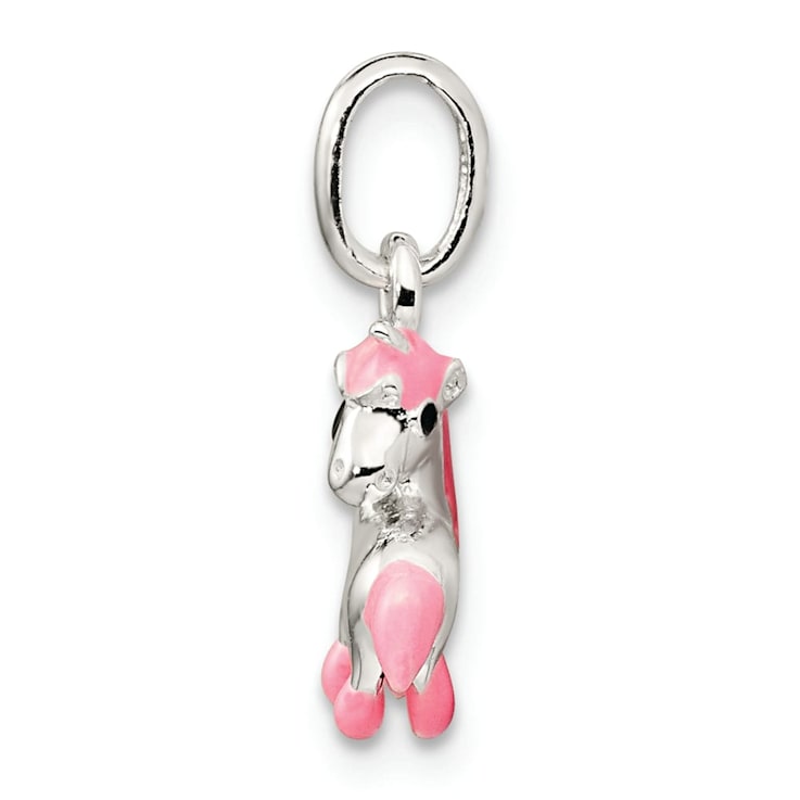 Sterling Silver Polished Pink and Black Enameled Pony Children's Pendant