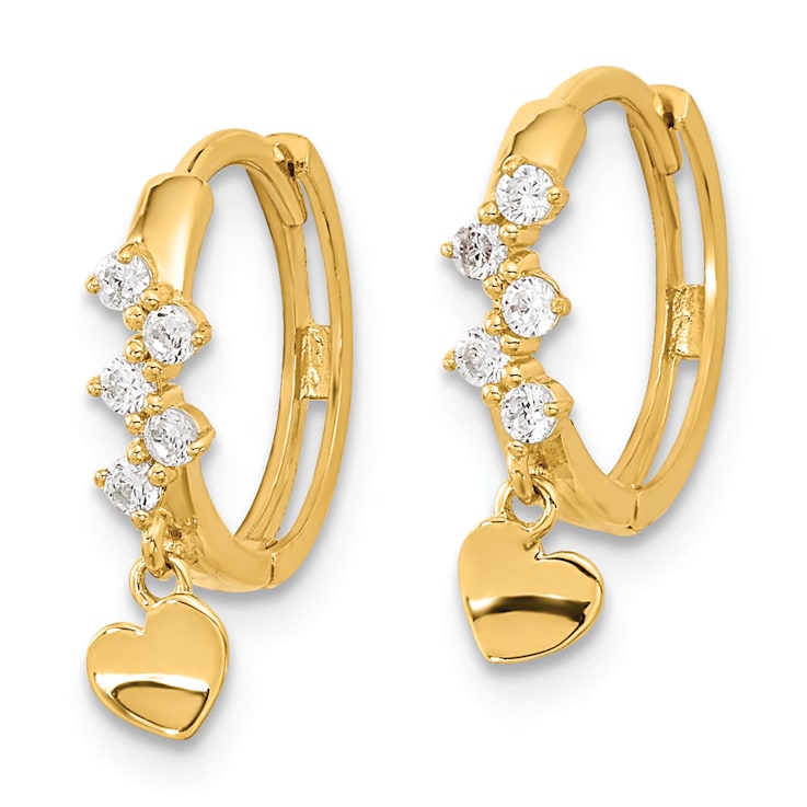 14K Yellow Gold Cubic Zirconia Heart Dangle Hinged Hoop Earrings
