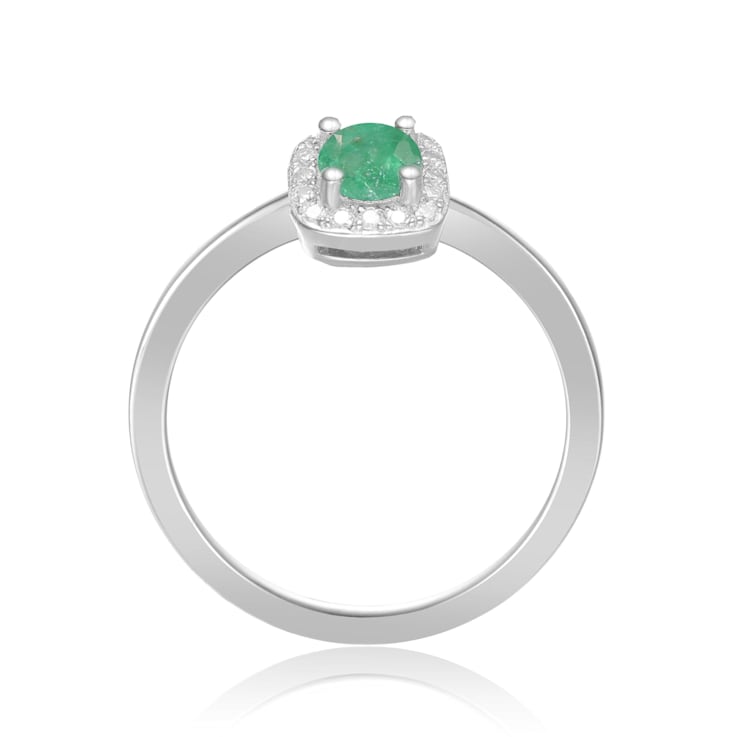 Rhodium Over Sterling Silver Round Emerald and Moissanite Halo Ring