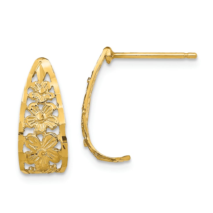 14K Yellow Gold Textured and Diamond-Cut Flower J-Hoop Stud Earrings