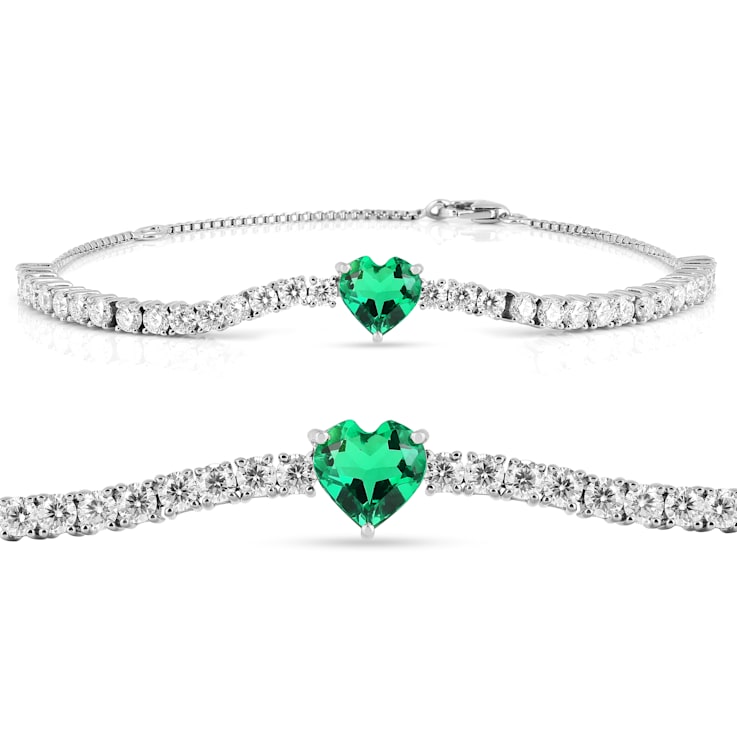 Lab Created Emerald and Moissanite Accent Sterling Silver Heart Shape
Tennis Bracelet