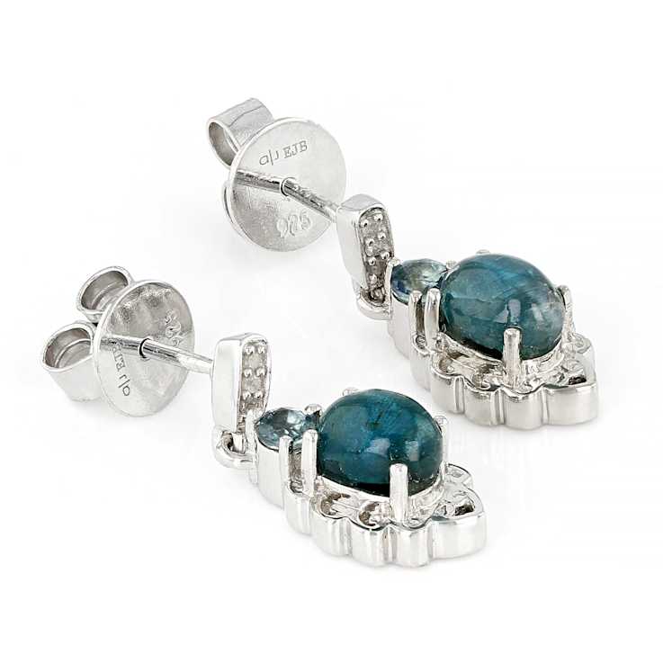 Blue Apatite Cat's Eye With Sapphire And Diamond Earrings In Sterling
Silver 0.32ctw