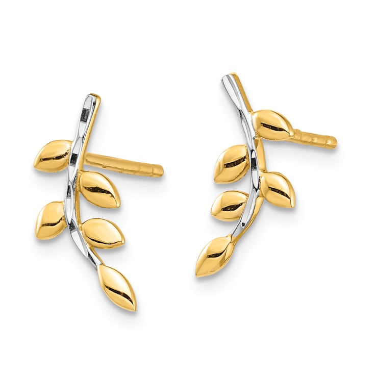 14K Yellow Gold With White Rhodium Leaf Post Earrings