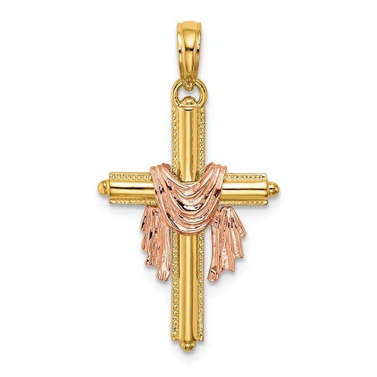 14K Yellow and Rose Gold Cross with Drape Charm