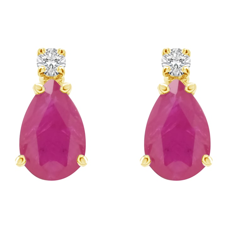 6x4mm Pear Shape Ruby with Diamond Accents 14k Yellow Gold Stud Earrings