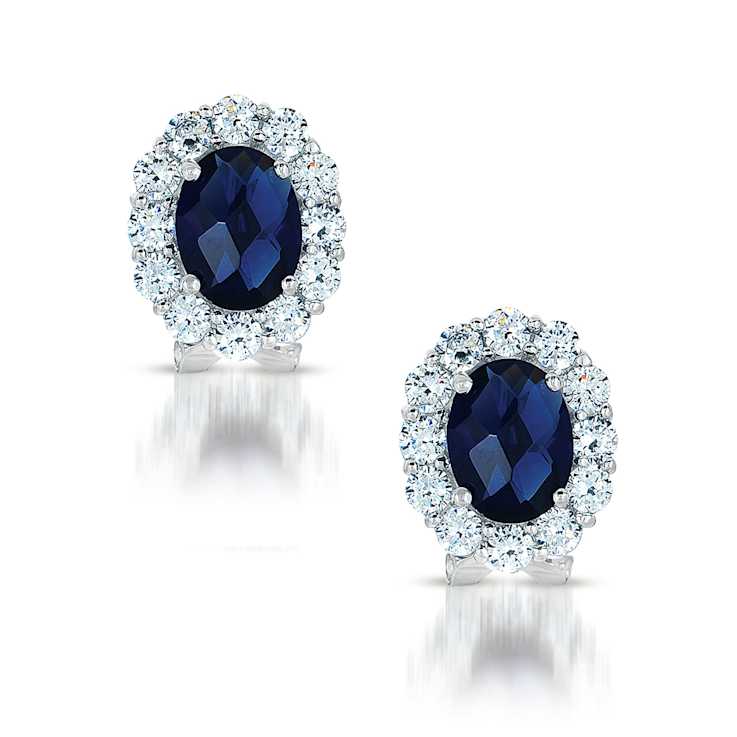 Sapphire Color CZ Halo Stud Earrings In Sterling Silver 7.4ctw