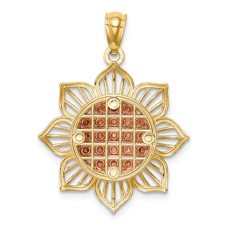 14k Two-tone Gold Diamond-Cut and Textured Sunflower Pendant