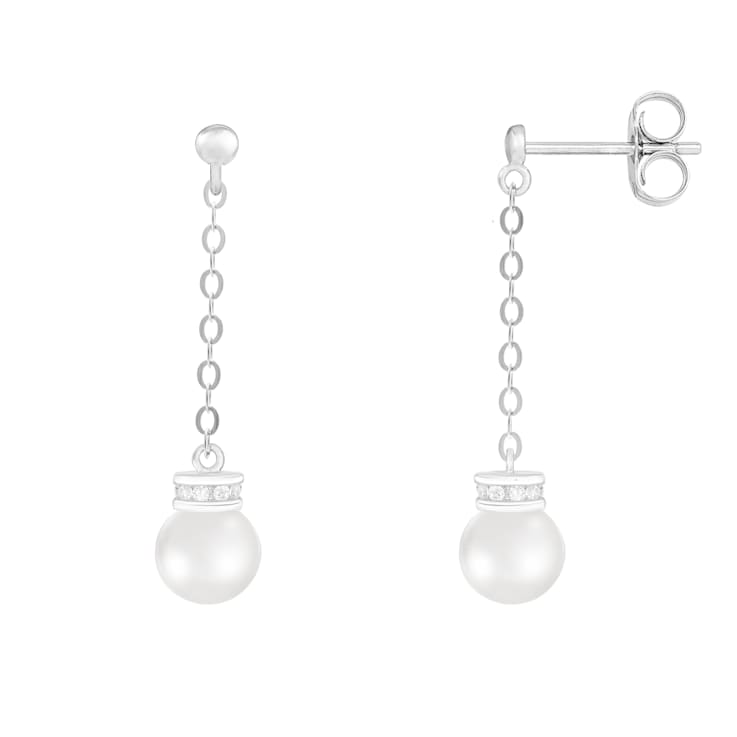 5.5-6 mm White Cultured Freshwater Pearl Rhodium Over Sterling Silver Earrings