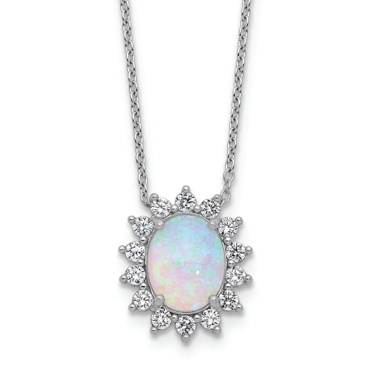 Rhodium Over Sterling Silver Lab Created Opal and Cubic Zirconia Oval
Halo Necklace