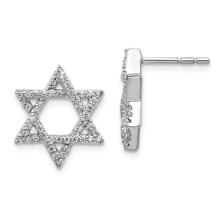 Rhodium Over 14k White Gold Diamond Star of David Stud Earrings