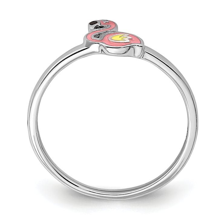 Rhodium Over Sterling Silver Multi-color Enameled Flamingo Children's Ring
