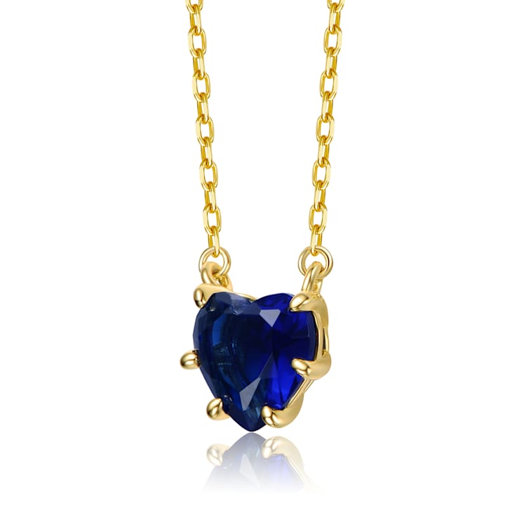 Sapphire Color CZ Heart-Shape Solitaire Necklace In 14K Gold Over Brass
